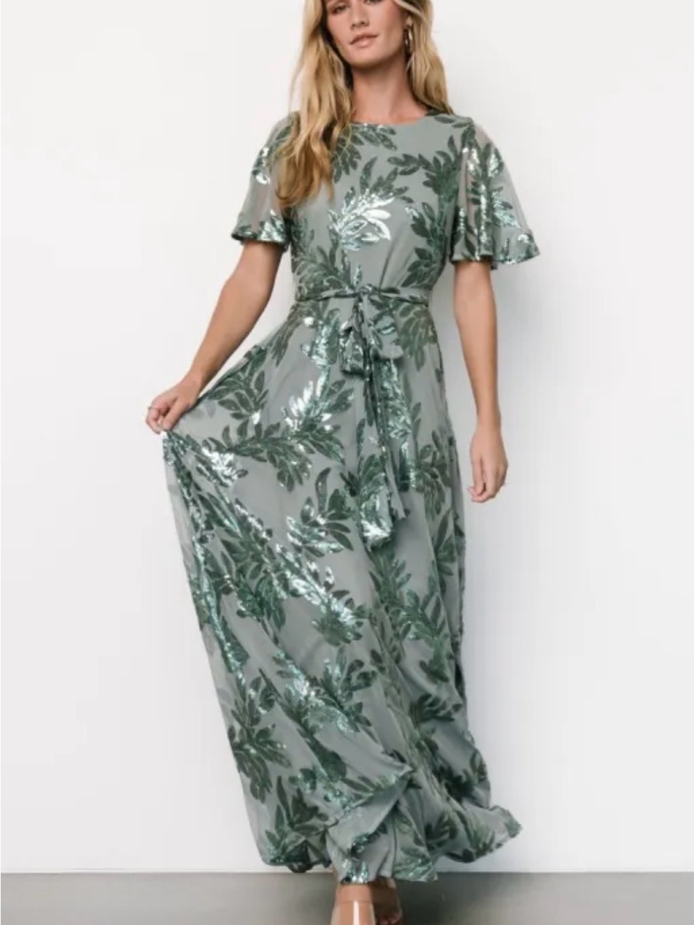 Baltic Born Muse Sequin Leaf Maxi Dress - Green - Elegant Evening Gown